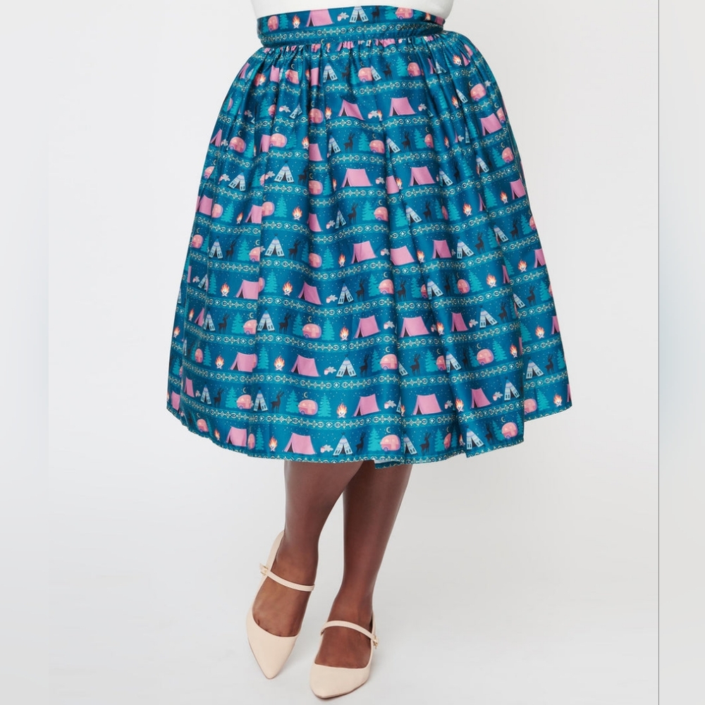 Unique Vintage Teal Camper print swing skirt